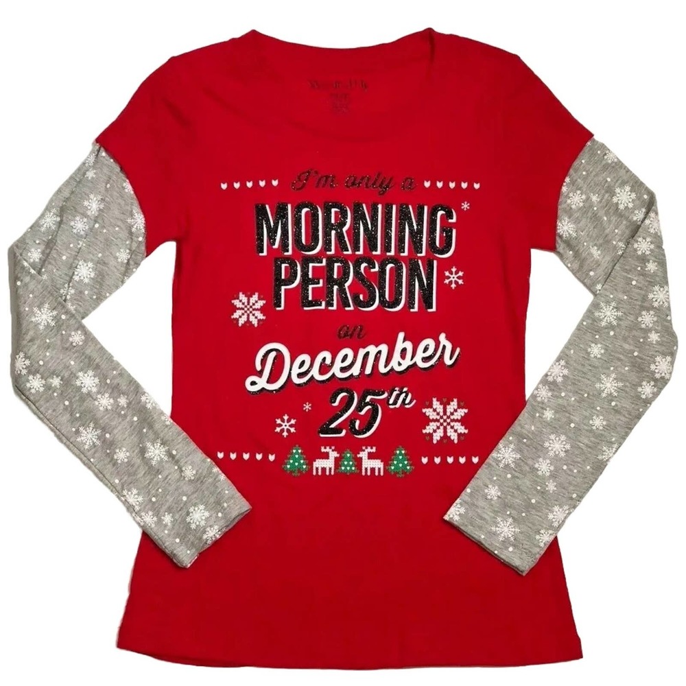 NEW Red Layered Long Sleeve Only A Morning Person On December 25 Shirt Size M